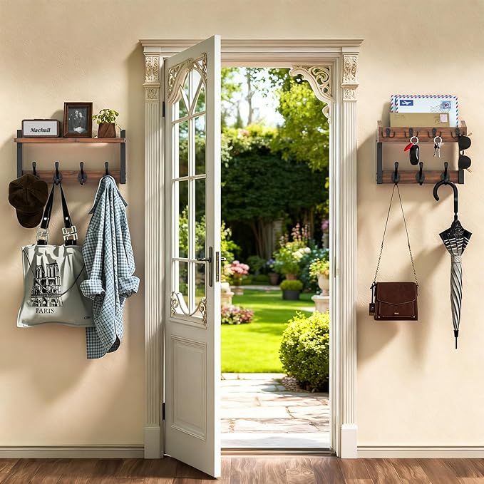29'' Rustic Coat Rack Wall Mount with Shelf, Solid Wood Coat and Key Hanger with 11 Metal Hooks, Farmhouse Wall Organizer for