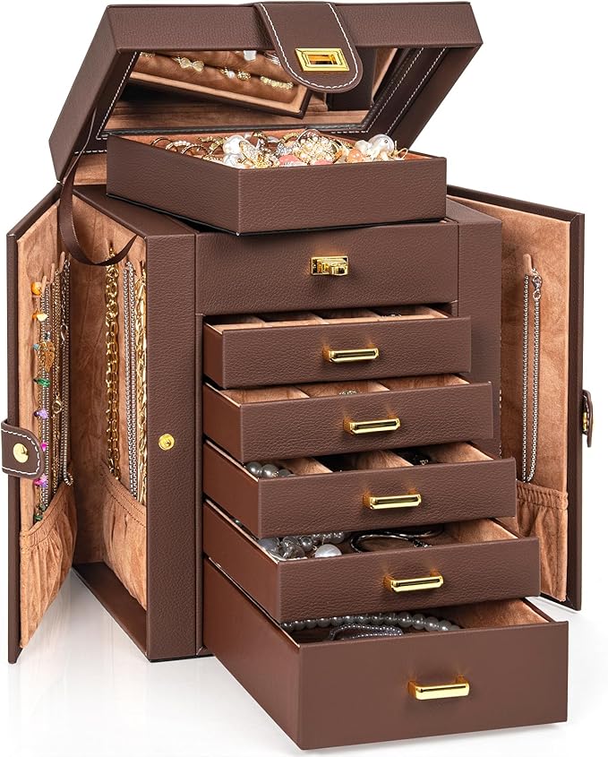 AKOZLIN Jewelry Box Organizer Functional Leather Jewelry Storage Case for Women Girls Ring Necklace Earring Bracelet Holder O