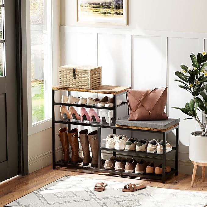 Shoe Rack,Freestanding Hidden Shoe Storage Organizer for Entryway, Shoe Bench Shelves for High Boot with Seat Cushion,Wood Sh