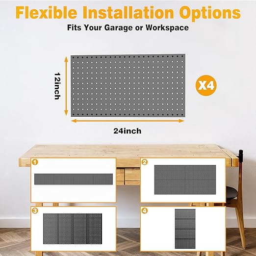 Pegboard Smith Metal Pegboard Panels 12" x 24", 4 Pack Black Wall Mounted Tool Organizer Boards, Heavy Duty Tool Storage Peg 