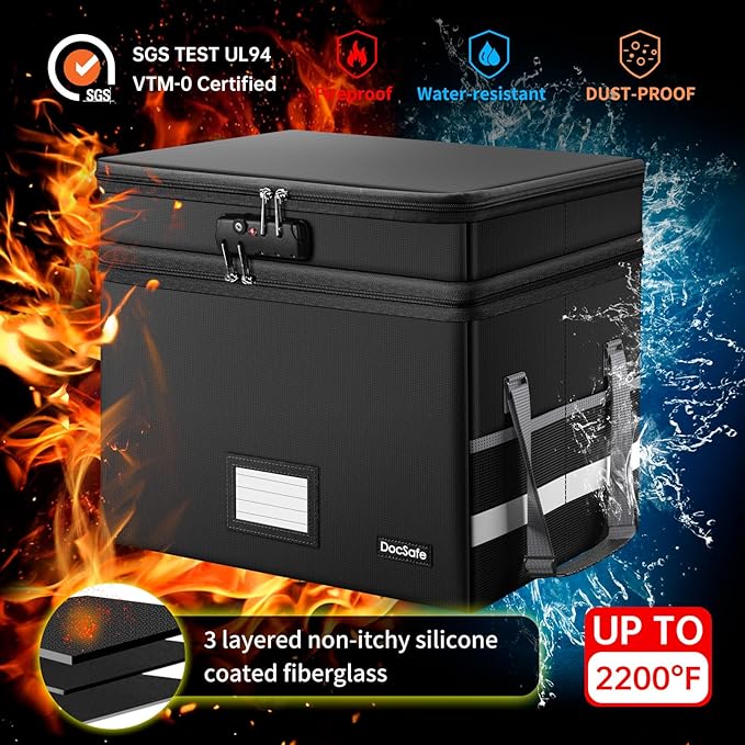 DocSafe File Box with Lock,Multi-Layer Fireproof Document Box Collapsible File Storage Organizer with Pockets/Handle,Large Po