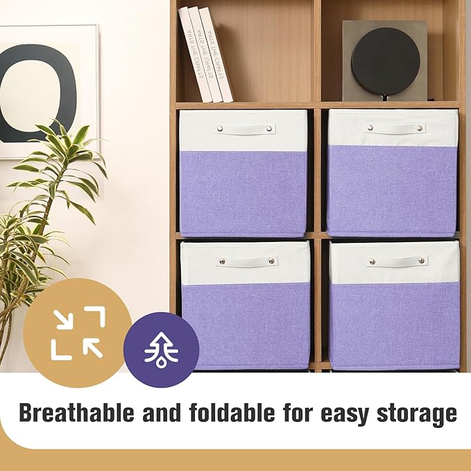 FinishingBo 13 x 13 Inch Fine Linen Storage Bins with Handles，Fabric Cube Boxs，Basket Organizers for Shelves for Home, Closet