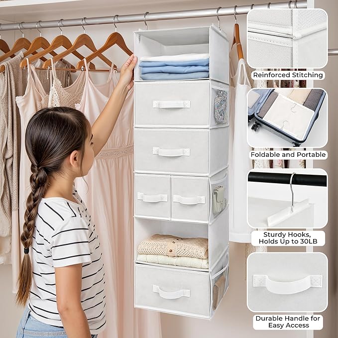 GRANNY SAYS Hanging Closet Organizer and Storage, 6 Shelf Clothes Organization with Drawers, 6 Side Pockets Closet Hanging Sh