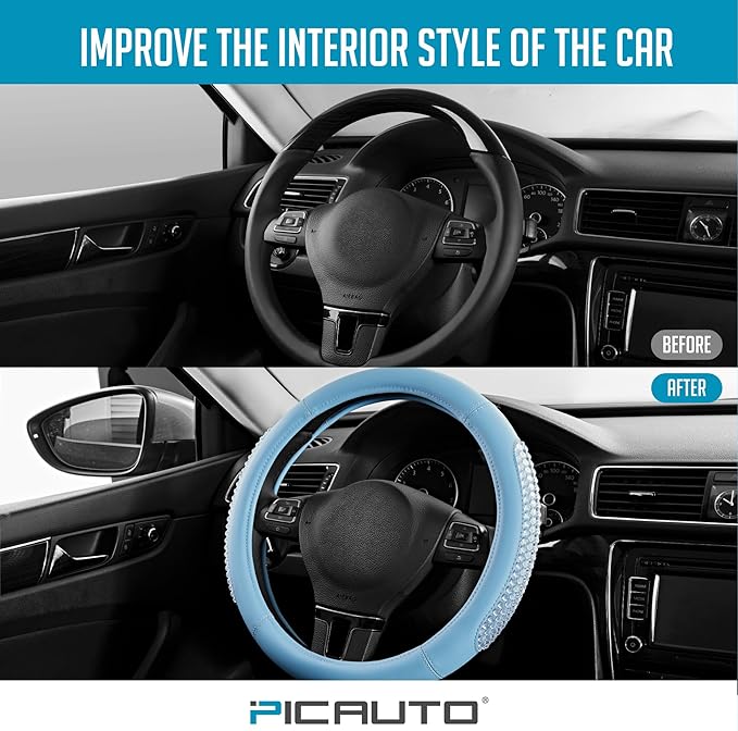 PIC AUTO Steering Wheel Cover, Glitter Gel Particles & Blue Luxury Leather Car Steering Cover, Universal Fit 14.5"-15.5" Anti