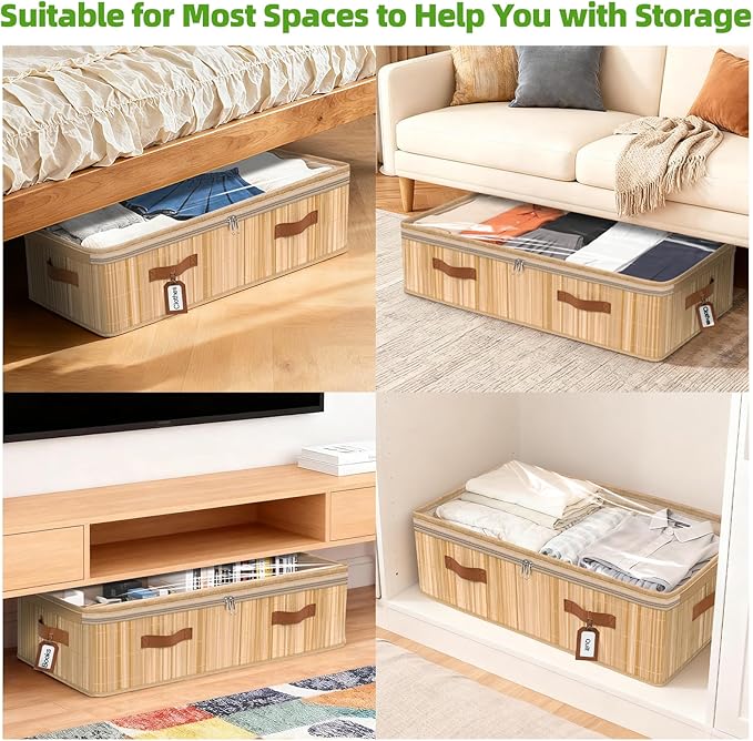 Livole 2 Pack Bamboo Under Bed Storage, 6 inches Underbed Storage Containers, 56L XXL Under Bed Storage Bins with Clear Lid &