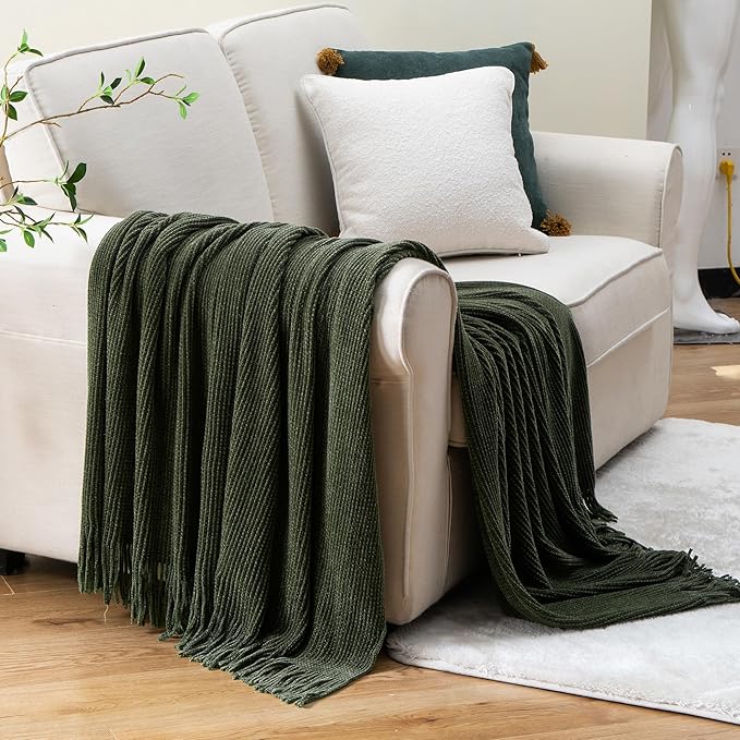 BATTILO HOME Olive Green Throw Blanket for Couch, Soft Chenille Knit Throws with Tassels for Home Decor, Green Throws for Cou
