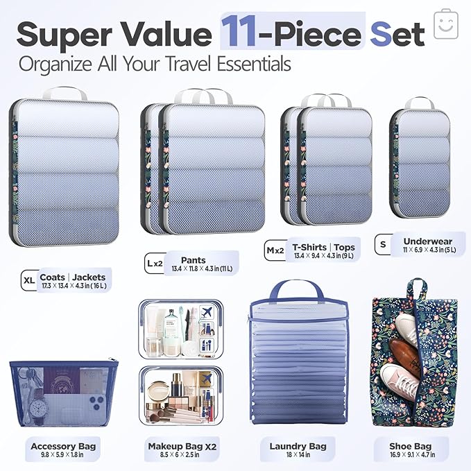 Veken 11 Set Compression Packing Cubes for Travel Essentials,Compressible Expandable Large Luggage Suitcase Organizer Bags fo