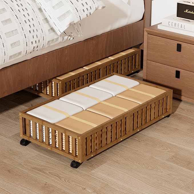 Bamboo Under Bed Storage with Wheels,Rolling Underbed Shoe Organizer Box for Shoes,Blankets,Toys,Clothes Container Space-Savi