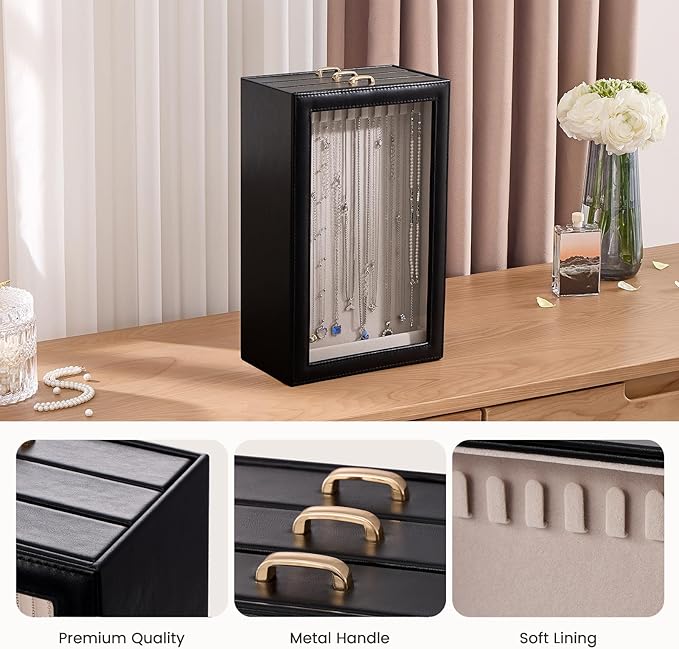 Lolalet Necklace Organizer Box, Jewelry Storage Box with Clear Window for Necklaces Bracelets, Tangle-Free Necklace Display C