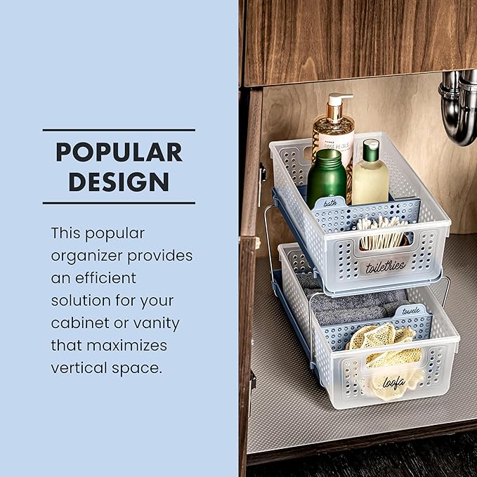 madesmart Two-Tier Bathroom Cabinet Organizer, Sliding Drawer Storage for Bottles, Sponges & Cleaning Supplies, Blue