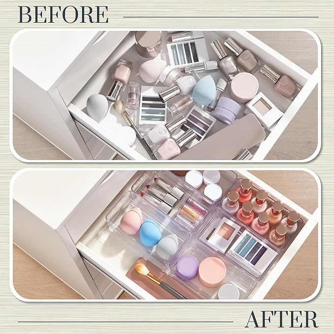 STORi SimpleSort 6-Piece Stackable Clear Drawer Organizer Set | 6" x 3" x 2" Rectangle Trays | Small Makeup Vanity Storage Bi