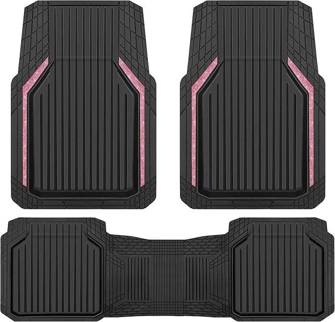 CAR PASS Pink Heavy Duty Rubber Floor Mats for Car, Waterproof Liner Deep Dish Bling Car Mats Full Sets, Universal Trim to Fit for SUV Truck Sedans Vans, All Weather Floor Mats, Pink Sparkly