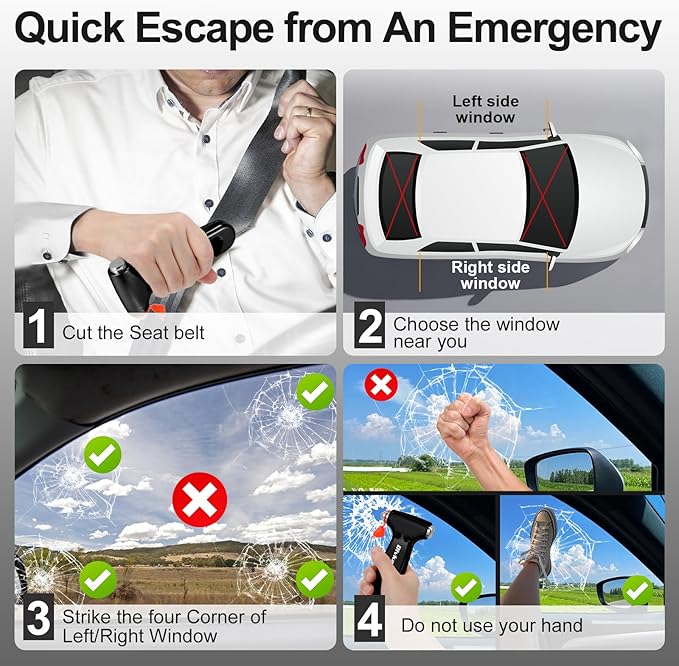 Car Safety Hammer, 3 in 1 Emergency Escape Tool with Window Breaker and Seat Belt Cutter, Window Glass Hammer for Car, Office