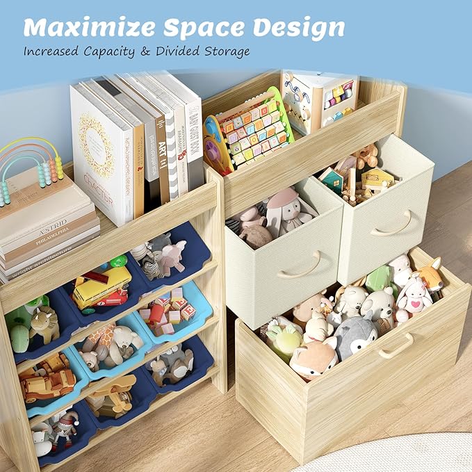 EXPERLAM Toy Storage Organizer for Kids, 9-Bin Toy Organizer with 2-Drawers,Movable Toy Chest and Top Rack, Kids Bookshelf an