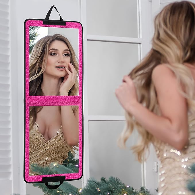 LPHUMEX Sparkle Hot Pink Folding Mirror 13”x33”, Foldable Full-Length Travel Mirror 3-Way Use, Perfect for Dance, Festivals, 