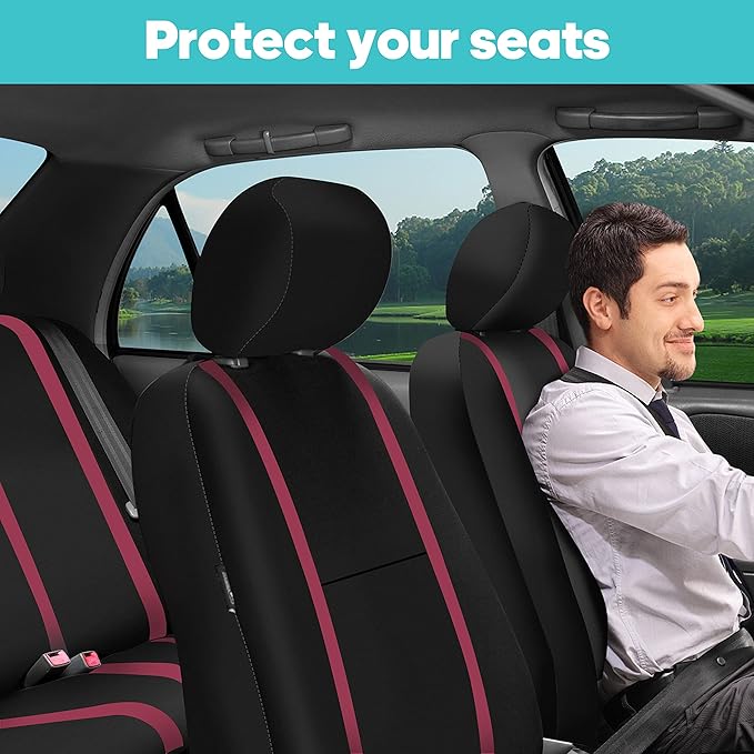 FH Group Unique Flat Cloth Full Set Car Seat Covers w. Silicone Steering Wheel Cover- Universal Fit for Most Cars, Trucks, SUVs or Vans (Burgundy/Black)