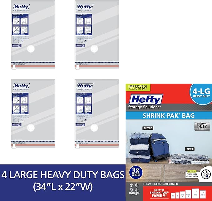 Hefty Vacuum Bags for Clothes 4 Pack, Space Saving Large Vacuum Storage Bags (34 X 22 Inches) Compression Seal for Bedding, T