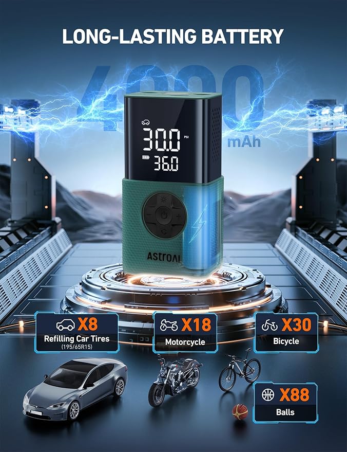 AstroAI Tire Inflator L7S Portable Air Compressor Cordless Bike Pump with Digital Dual Values Display, 150 PSI Car Tires Pump with LED Lights Air Pump for Cars, Motorcycles, Bikes, Balls Geen