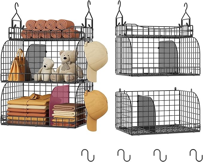 SWTYMIKI Hanging Closet Organizer Storage - 3 Tier Metal Stackable Hanging Closet Shelves with Dividers and S Hooks, Foldable