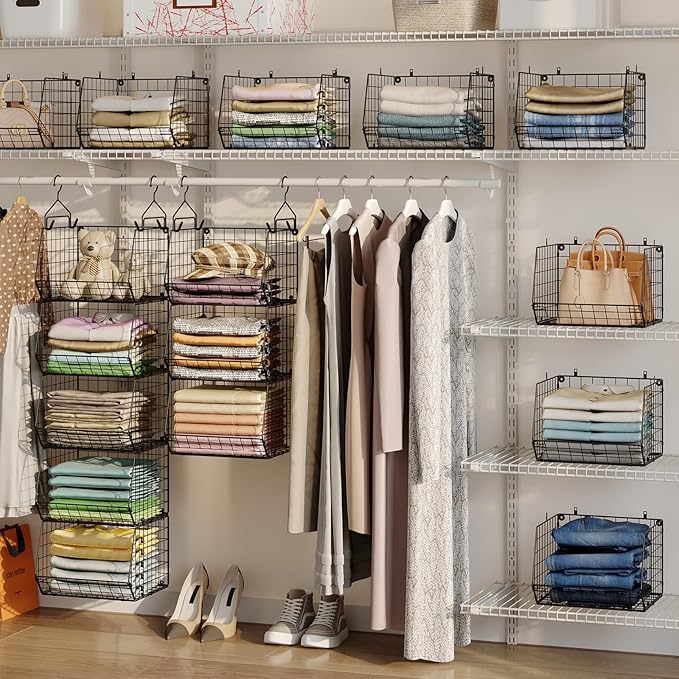 6 Tier Closet Hanging Organizer, Clothes Hanging Shelves with 4 Hanging Hooks 5 S Hooks, Wire Storage Basket Bins, for Clothi
