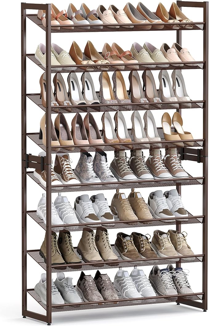SONGMICS Shoe Rack, 8-Tier Shoe Organizer, Metal Rack for Garage, Set of 2, 4-Tier Stackable Shelf, with Adjustable Flat or A