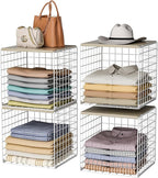 4 Pack Closet Organizers and Storage with Wood Top, Stackable Closet Shelf Organizer, Double Storage Design, Clothes Storage 