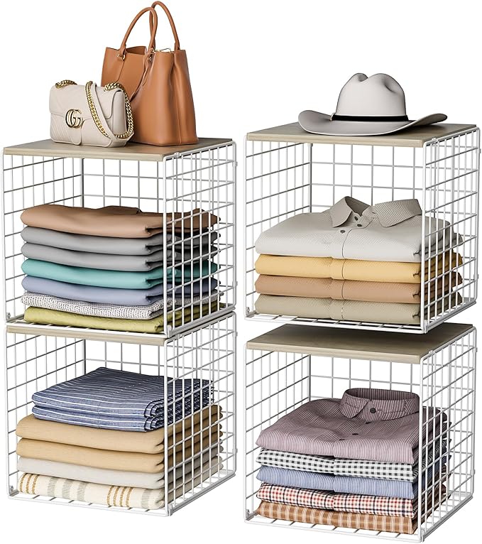 4 Pack Closet Organizers and Storage with Wood Top, Stackable Closet Shelf Organizer, Double Storage Design, Clothes Storage 