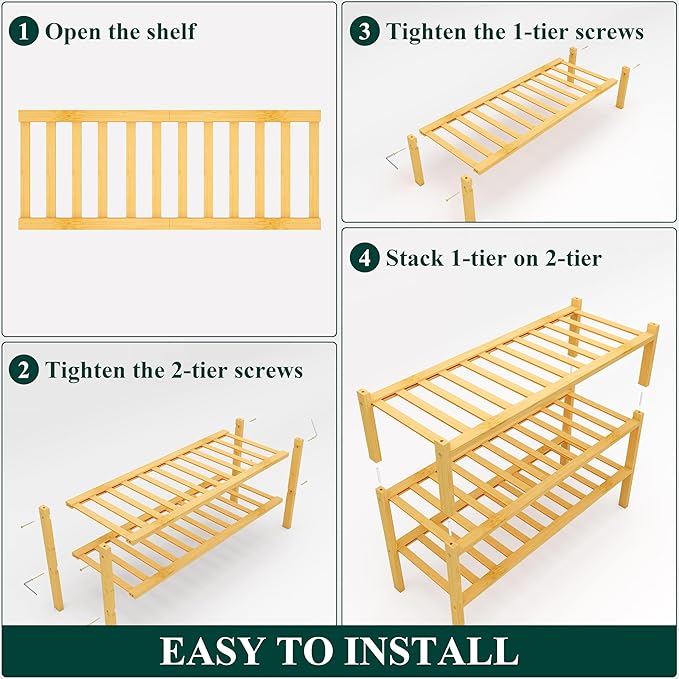 Smiry Shoe Rack, 3 Tier Thick Bamboo Shoe Organizer, Stackable Free Standing Wooden Shoe Storage Shelf for Closet, Entryway, 