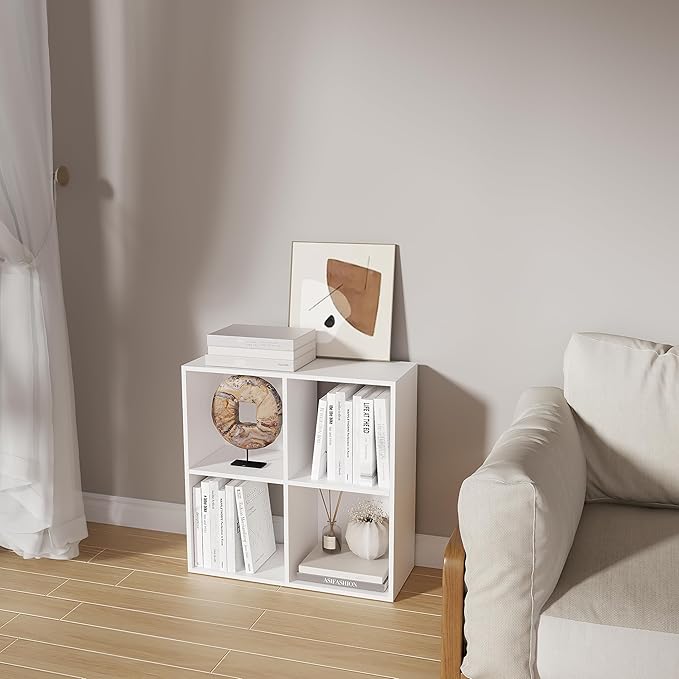 Cube Storage Organizer,Wood Organizer with Open Back,2 Tier Bookcase,Open Bookshelf for Home Office Living Room (White, 4-Cub