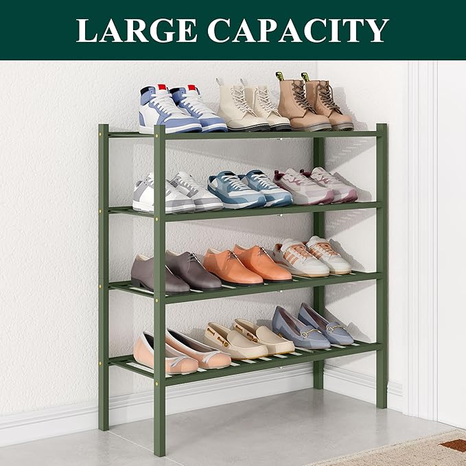 Smiry Bamboo Shoe Rack for Closet, 4 Tier Wooden Stackable Shoe Organizer, Free Standing Shoes Storage Shelf for Entryway, Fr
