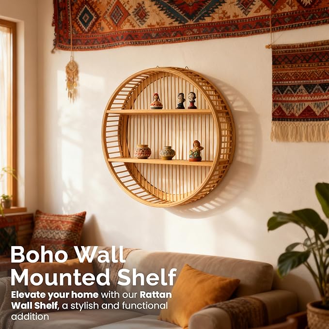 Vintiquewise Round Bamboo Wall Shelf with 2 Wooden Tiers – Natural Hanging Wall Decor and Floating Display Rack Accent for Mo