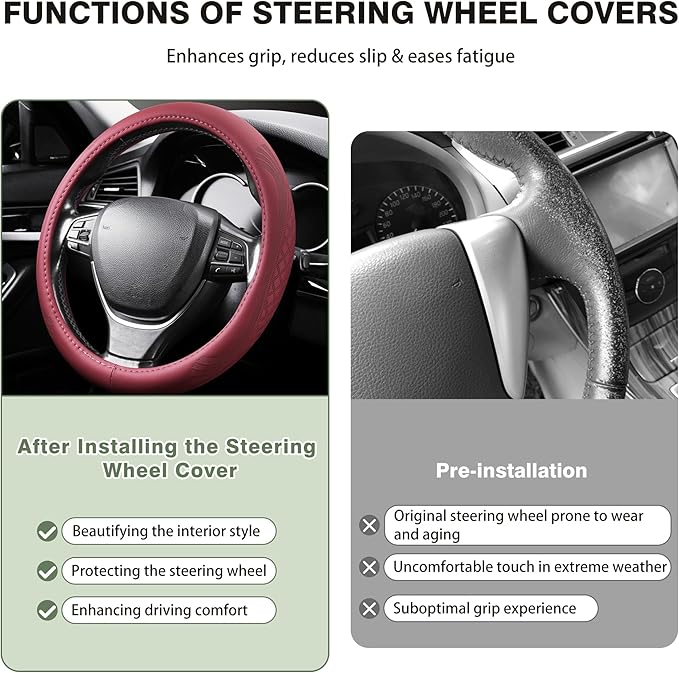 【2025 Model】 Breathable Soft Leather Car Steering Wheel Cover for Men Women, Non-Slip, Comfortable,Universal 15 inches Steeri
