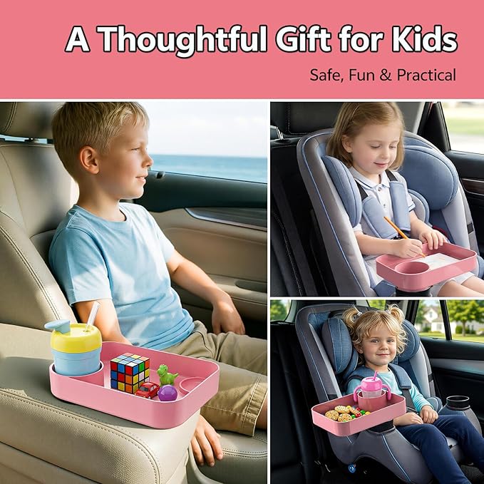 Car Seat Snack Tray for Kids Toddler Travel,Cup Holder Expander for Car,Toddler Travel & Road Trip Accessory for Mess-Free Snacking in The Car (Pink)