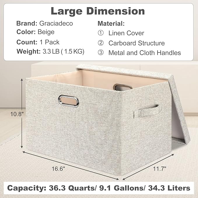 Graciadeco Large 17 36 Quart Collapsible Stackable Storage Bins with Lids, 1 Pack Beige Foldable Fabric Closet Storage Boxes 