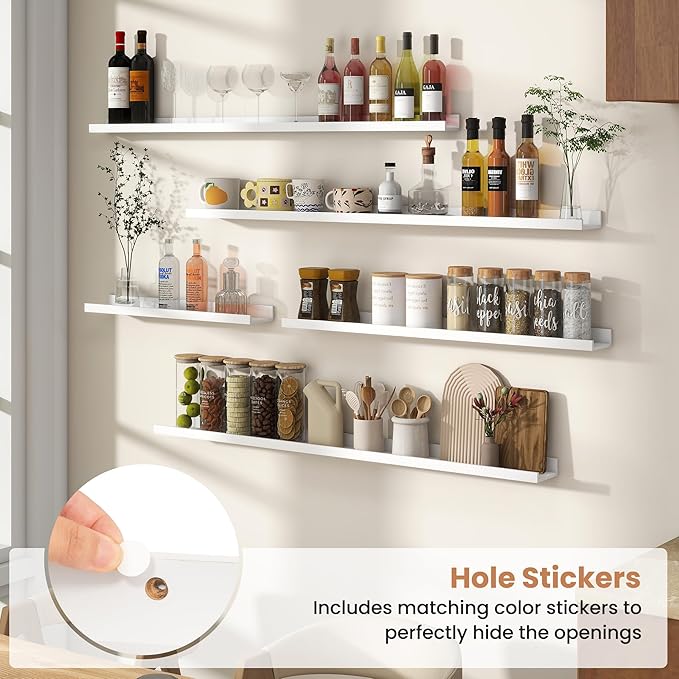 Fun Memories Picture Ledge Shelves Set of 4, 32 Inch Rustic Wall Mounted Floating Shelves with Lip for Home Storage and Décor