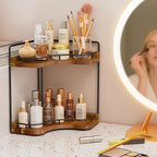 2-Tier Corner Bathroom Counter Organizer with Embedded Screw Holes, Secure & Stable Wood Vanity Shelf for Makeup and Skincare
