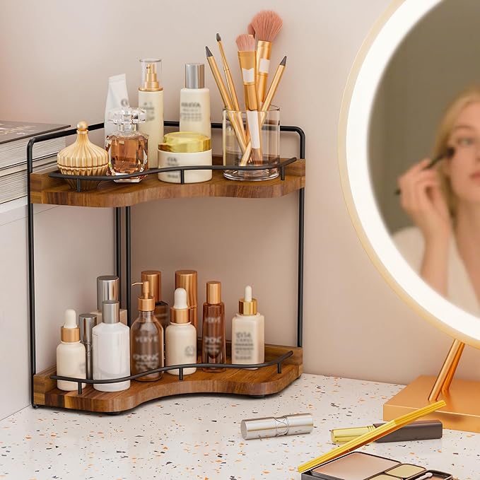 2-Tier Corner Bathroom Counter Organizer with Embedded Screw Holes, Secure & Stable Wood Vanity Shelf for Makeup and Skincare