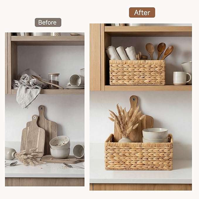 StorageWorks Wicker Storage Baskets, Handwoven Water Hyacinth Basket for Organizing, Decorative Organizers with Built-in Hand