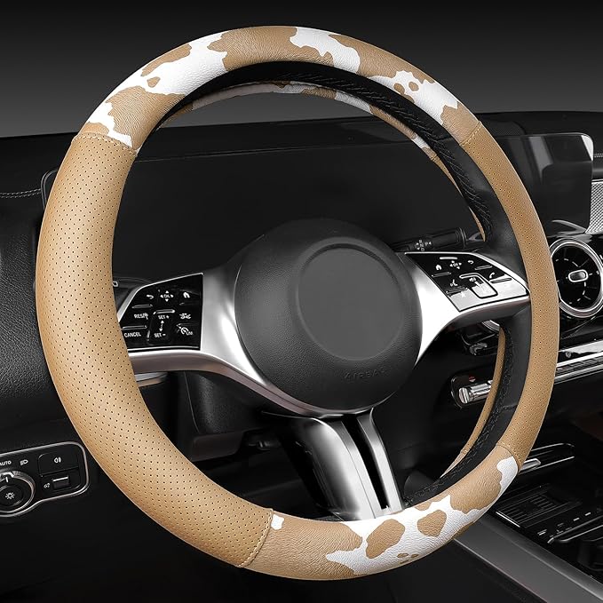CAR PASS Cow Print Faux Leather Car Seat Covers & Cow Car Mats & Cow Steering Wheel Cover Seat Belt Pads Universal fit for SU