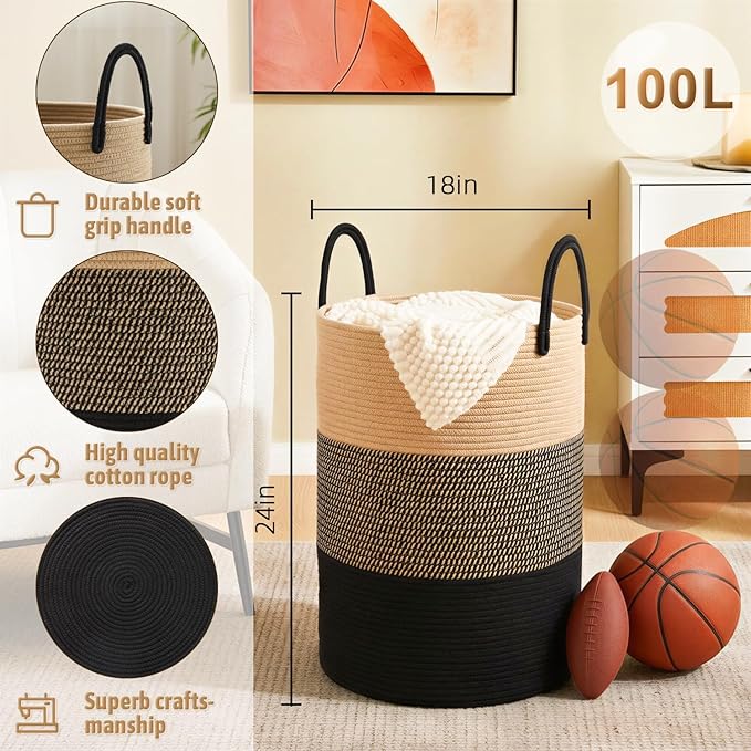 Artfeel Laundry Basket,Woven Cotton Rope Laundry Hamper,100L for Decorative Storage of Dirty Clothes,Toys and Blankets in Bat