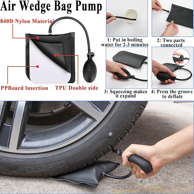 AUTODECO Car Emergency Roadside Kit with Scissor Jack, Air Compressor, Jumper Cables, Car Safety Kit, Air Wedge Bag Pump