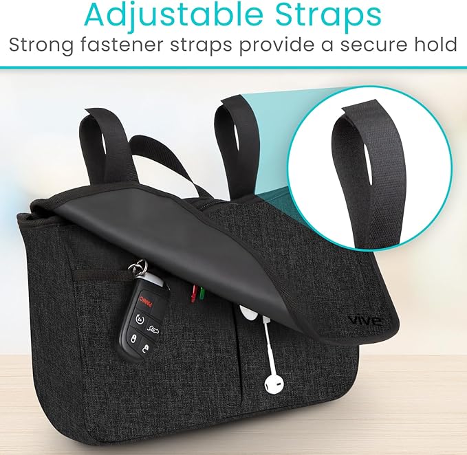 Vive Wheelchair Carry Bag - Arm Rest Pouch for Rollator, Walkers, Power Wheel Chairs and Knee Scooters - Side Storage Organiz