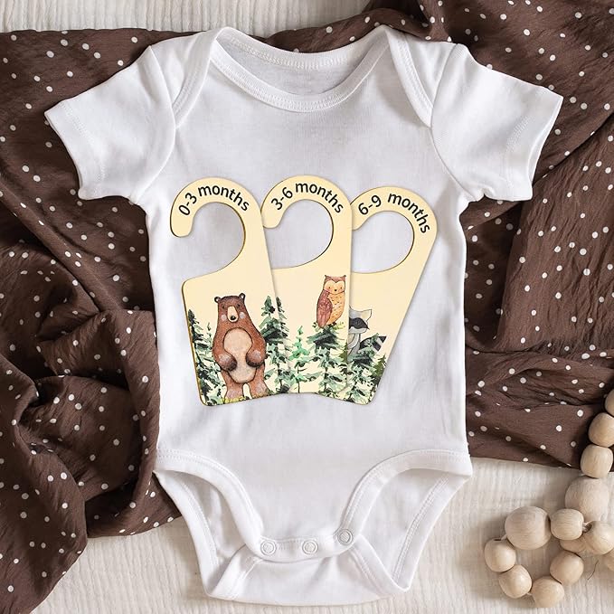 Whaline 8 Pcs Baby Closet Size Dividers Woodland Design Hanging Wooden Baby Closet Organizer Newborn to 24 Months Thicken Bab