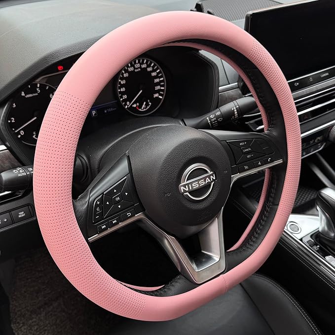 PINCTROT D Shaped Nappa Leather Steering Wheel Cover, Slim Fit No Bulk Design, One Piece Leather with Breathable Perforation,