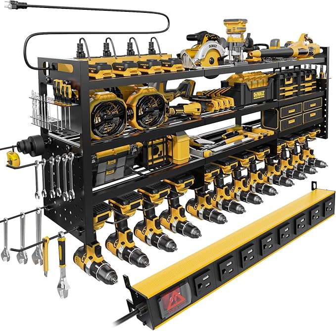 Power Tool Organizer Wall Mount | 8-Outlet TR Charging Station | Garage Storage Rack with Cordless Drill Holder | Heavy Duty 