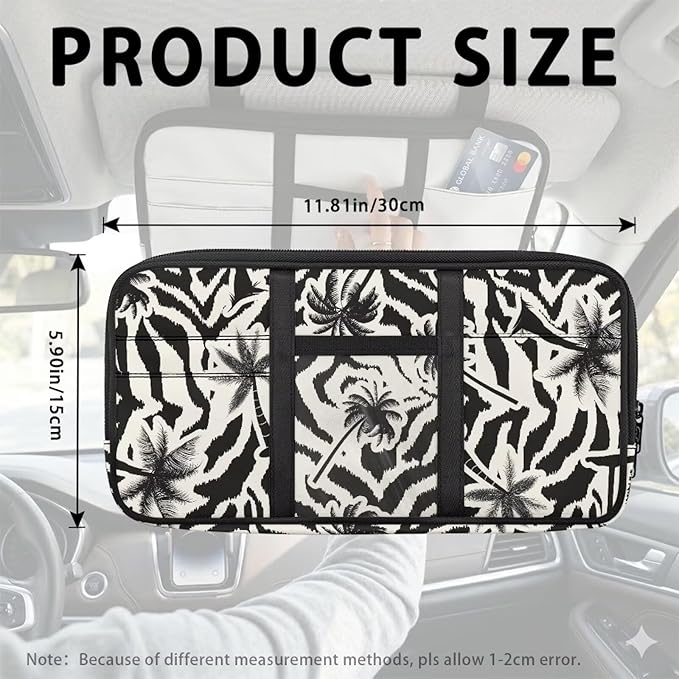 Coconut Tree Zippered Car Sun Visor Organizer with Adjustable Straps and Multi-Pocket Pouch Storage Organizer with Picture Holder Easy Installation Universal Fit for Most Cars SUV