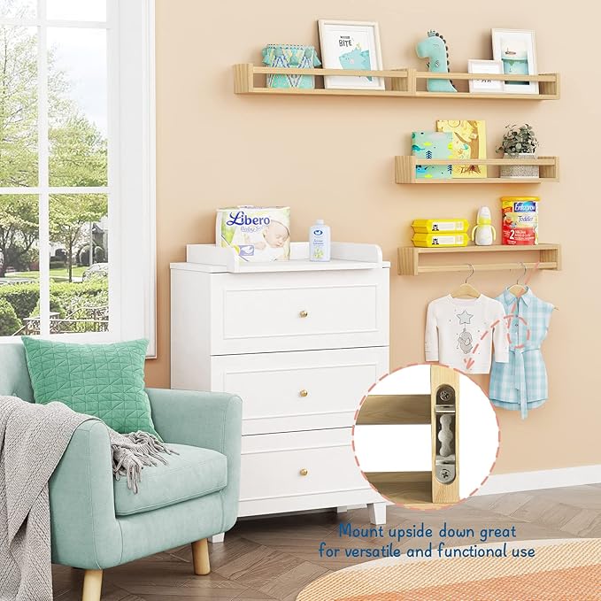 Forbena Natural Wood Nursery Bookshelves for Wall, 24 Inches Long Floating Book Shelves, Wall Mounted Bookcase for Baby Teen 