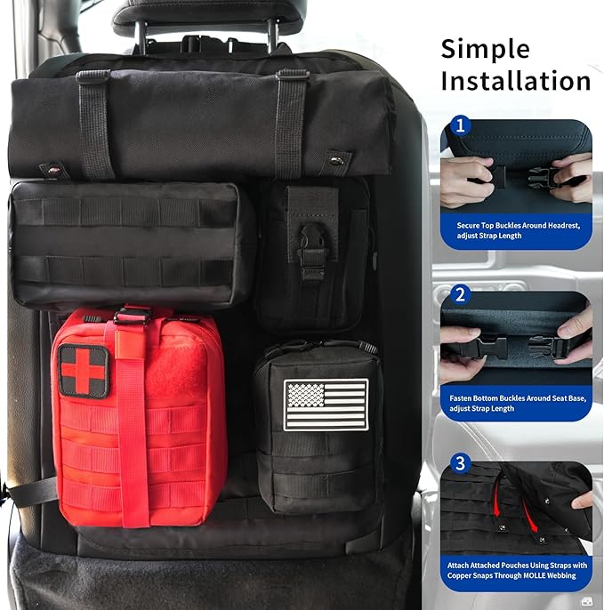 Tactical Car Seat Back Truck Organizer With Detachable MOLLE Pouches Universal for SUV Vehicle Nylon Storage Panel Seat Organizer for Overlanding, Camping & Emergency Gear(6 Pack Black)