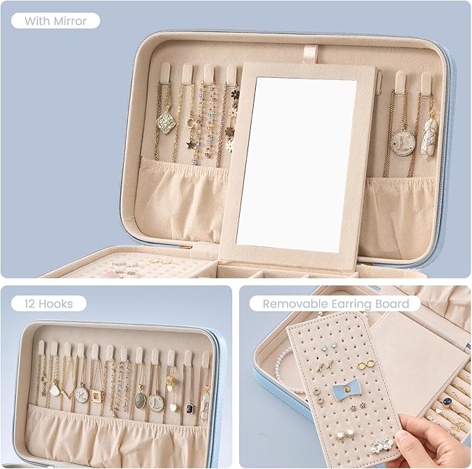 Lolalet Travel Jewelry Case for Women Girls, Travel Jewelry Organizer Box with Mirror & Clear Storage Bag, Small Portable Ear