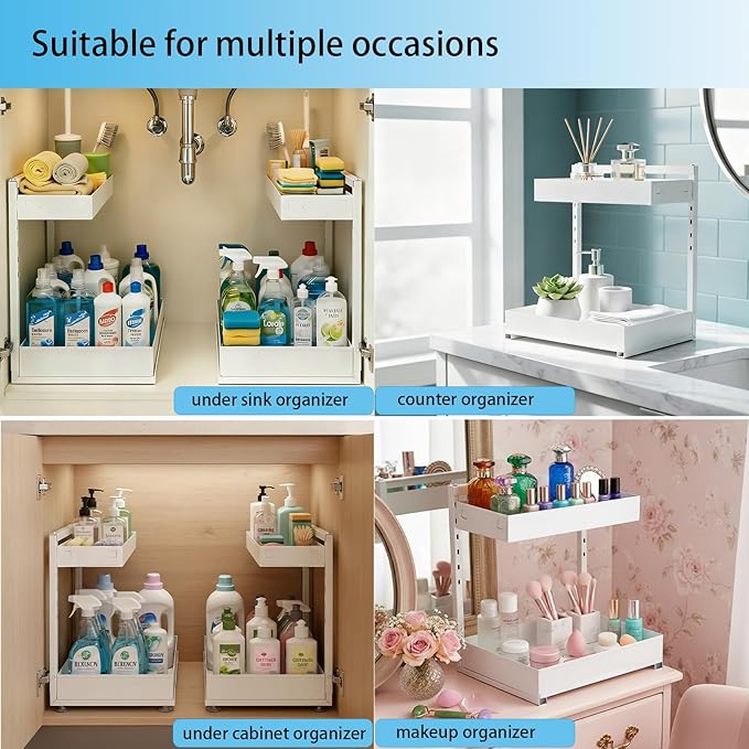Under Sink Organizer, Bathroom Counter Organizer, 2 Pack 2 Tier L-Shape White, Adjustable Height Carbon Steel, Under Cabinet 